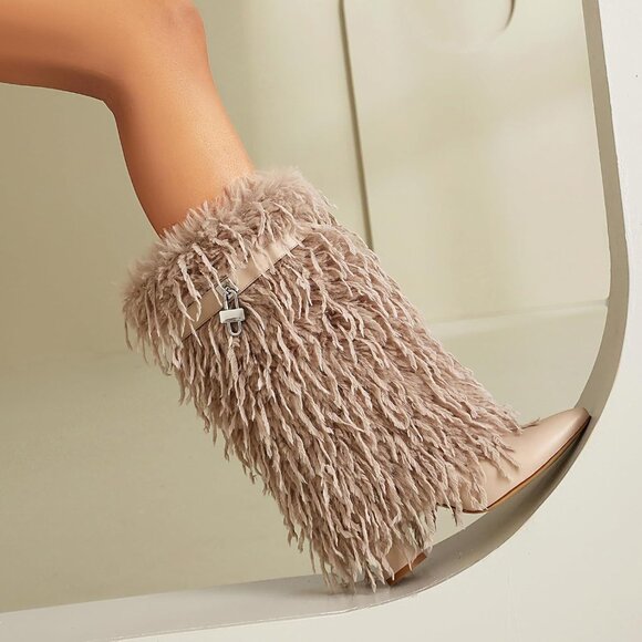 ⚡Women's Apricot Fold Over Faux Fur Mid Calf Boots Chunky Heel Point Toe - Picture 3 of 7